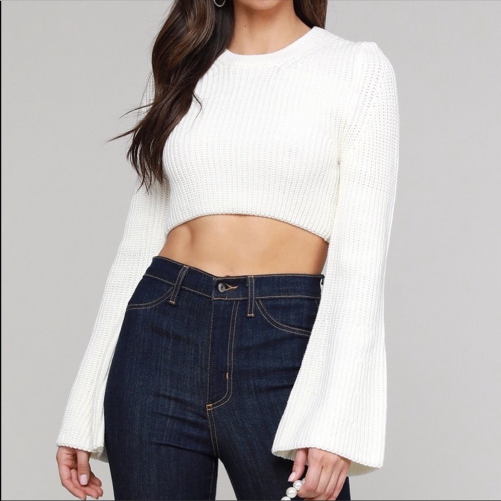 *2 for $25* Bell Sleeve Hacci Knitted White Cropped Sweater